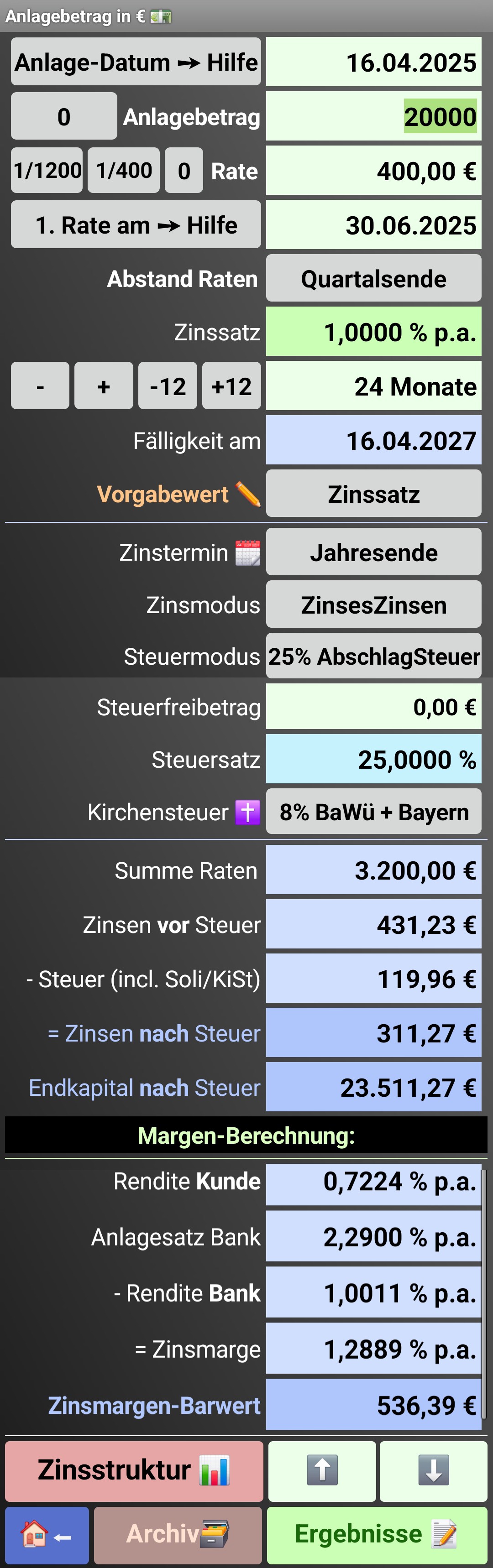 Eingabe Anlage-Konditionen